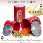Mixpresso 3-Piece Red Canisters Sets For The Kitchen, Airtight Canister Set With See Through Window, Storage Jars for Coffee Container, Tea Organizer & Sugar Canister, Red Kitchen Canisters