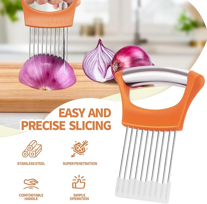 2PCs Stainless Steel Onion Slicer Holder, Onion Cutter Holder for Slicing of Onions,Tomatoes,Avocados,Eggs and Other Vegetables,KItchen Utensils (Orange & Black)