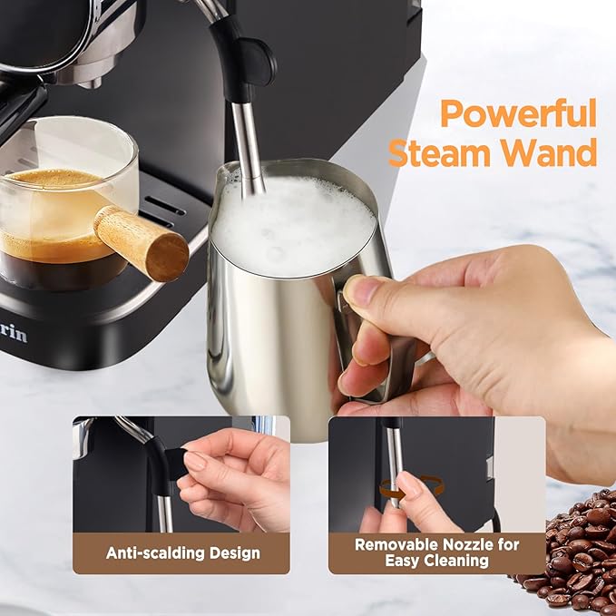 Espresso Machine,20 Bar Semi-Automatic Espresso Maker with Milk Frother,Touch Screen Black Stainless Steel Coffee Machine with 40oz Removable Water Tank,Cappuccino,Latte,Americano for Home