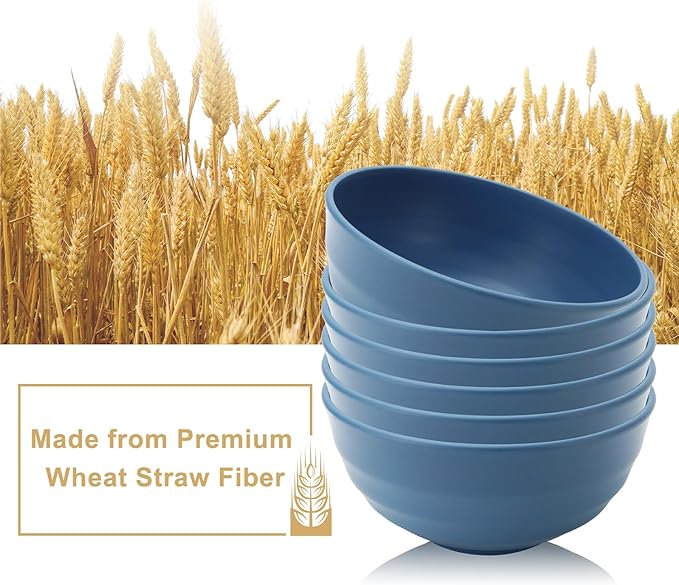 Large Soup Bowl 60 OZ, Wheat Straw Bowl Set of 6, Large Plastic Bowls Rusable, Microwave Safe Big Bowl for Fruit, Salad, Popcorn, Serving Bowls for Kitchen, Picnic, RV - Bule