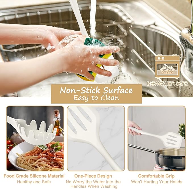 TeamFar Silicone Cooking Utensils Set, Kitchen Utensils Set of 6 for Non-stick Cookware, for Cooking/Turning/Stirring/Mixing, Healthy & One-Piece, Heat Resistant & Non-Scratch, Dishwasher Safe, White