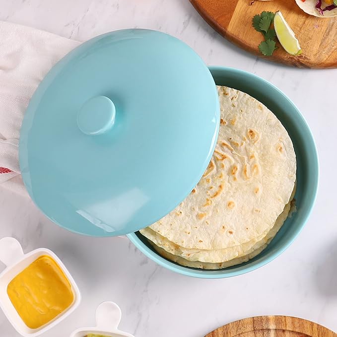 Sweese Ceramic Tortilla Warmer - Holds 12 Tortillas, Microwave & Oven Compatible, Elegant Turquoise Tortilla Holder with Lid for Taco Nights, Pancakes, Waffles - Durable & Easy to Clean