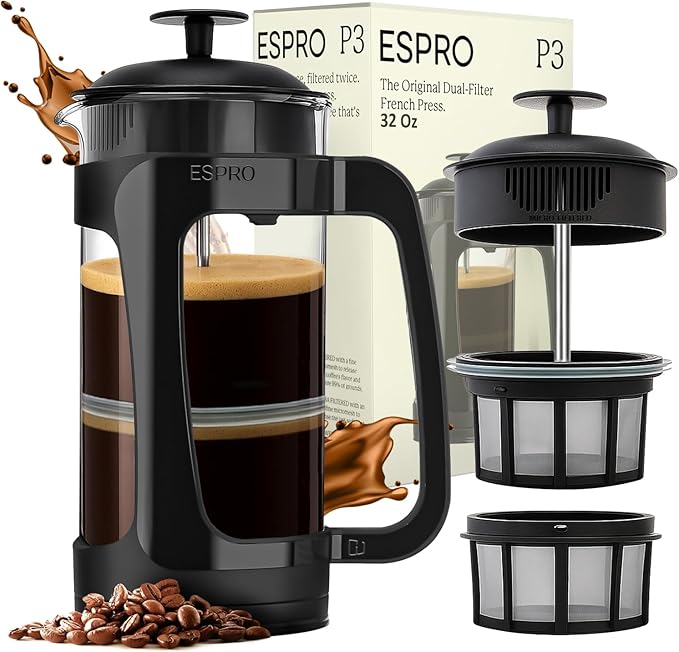 ESPRO P3 French Press Coffee Maker – Patented Double Micro-Filter for Grit-Free Brew, Heat Resistant thicker Borosilicate Glass Coffee press – (32 oz)