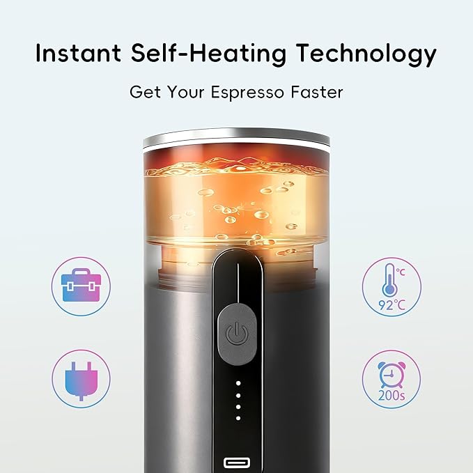 Portable Electric Espresso Machine, Travel Coffee Maker for Camping, Car Coffee Maker Self-Heating With Ground Coffee
