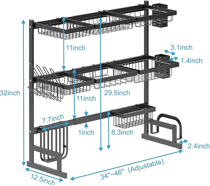 PUSDON Over Sink Dish Drying Rack Stainless Steel, Adjustable Large Dish Drainer for Storage Kitchen Organization Black 3 Tier - Standard(34"-46")