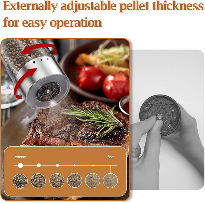 Upgraded Electric Salt and Pepper Grinder Set Automatic with Adjustable Grinding Speed and Externally Adjustable Coarseness, Rechargeable Pepper Grinder with USB Charging Base and LED Light