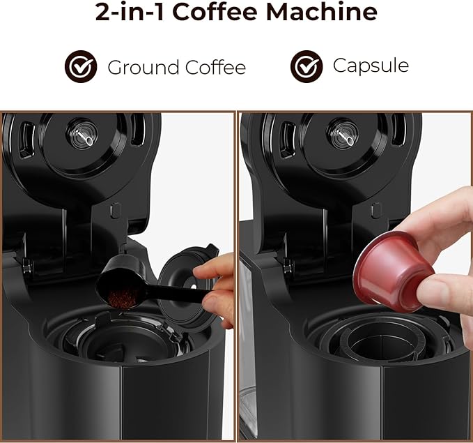 Single Serve Coffee Maker K Cup 2 in 1 Coffee Machine with Ground Coffee & Pods Coffee, 6 to 14 Oz Brew Sizes,Mini One Cup Coffee Maker 40oz Water Tank,Auto Cleaning & Shut Off, Black