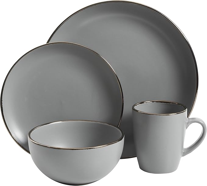 Gibson Home Rockaway Round Dinnerware, Service for 4 (16pcs), Grey/Gold Rim