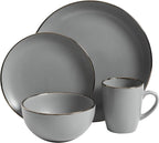 Gibson Home Rockaway Round Dinnerware, Service for 4 (16pcs), Grey/Gold Rim