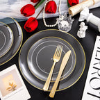 PULOTE 100PCS Clear and Gold Plastic Plates - Heavy Duty Clear Disposable Plastic Plates With Gold Trim for Wedding&Party Include 50 Dinner Plates, 50 Dessert Plates