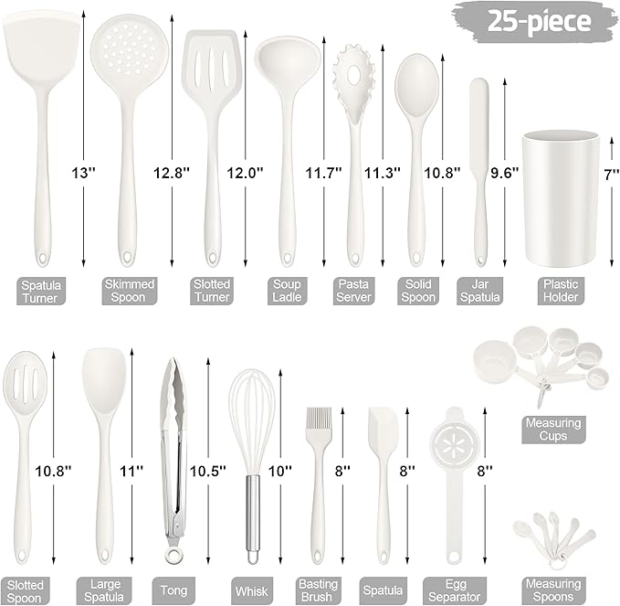 E-far Silicone Cooking Utensils Set, 25 Piece Kitchen Utensils with Holder, Non Toxic Kitchen Tools Spatula, Turner, Spoon, Ladle for Nonstick Cookware, Heat Resistant & Dishwasher Safe - White