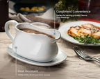 Kook Gravy Boat & Saucer, 17 oz, Ceramic Serving Dish, Dispenser with Tray for Sauces, Dressings and Creamer, Large Handle, Microwave and Dishwasher Safe, White (Classic Gravy Boat)