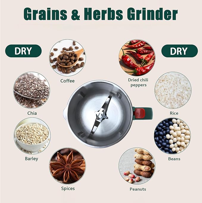 Grain Grinde For Kitchen, Electric Dry Spice Grinders Comes With 3 Removable Stainless Steel Blades, 500w Herb Grinder Suitable For Grinding Spices, Coffee Beans, Grains, Nuts.