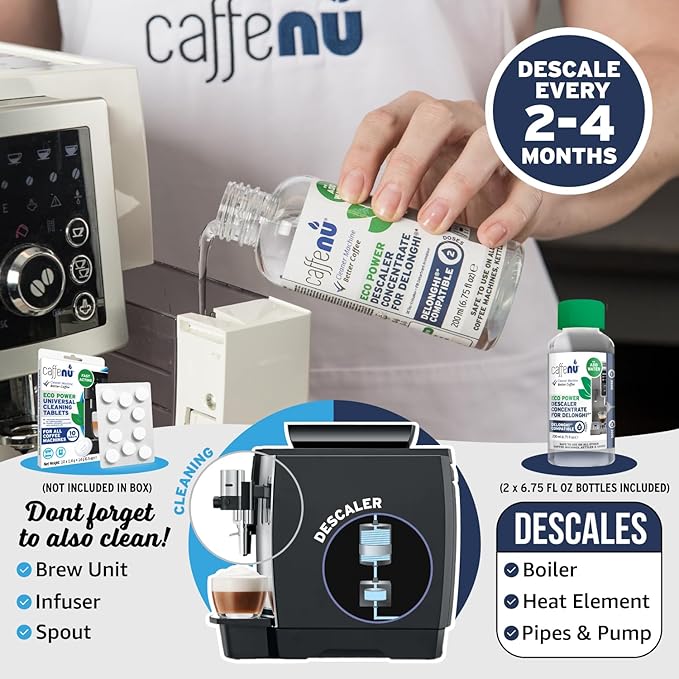 Delonghi Compatible Descaling Solution. 2 Bottles of Descaler Solution. Descaling Kit Removes Limescale For Hotter Coffee. 4 Uses Descaler For Delonghi Coffee Machines.
