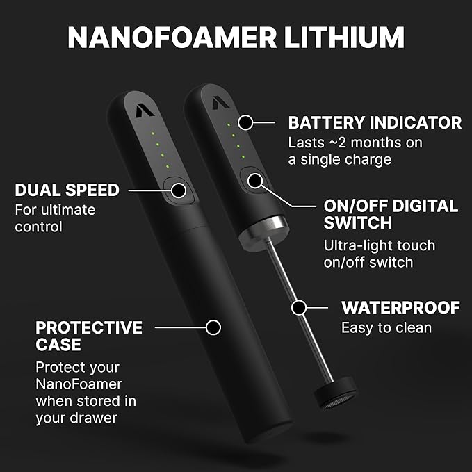 Subminimal NanoFoamer Lithium Performance Milk Foamer | USB-C Rechargeable, IP4 Waterproof, Dual-Speed, Stainless Steel | Premium Microfoamed Milk in 30 Seconds, Barista-Style Coffee Drinks at Home