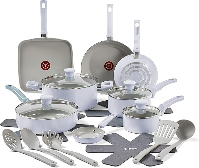 T-Fal Refresh Ceramic Nonstick Cookware Set, 20-Piece, Oven Safe to 350°F, Includes Stockpot, Griddle, Frying Pans, Utensils, Ceramic Pots and Pans Set, Blue