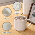 Hasense Coffee Mugs Set of 4 with Stand, 15 oz Porcelain Stackable Coffee Cups Set with handle for Tea, Latte, Milk and Cappuccino, White Embossed Tea Cups Set with Geometric Pattern for Men and Women