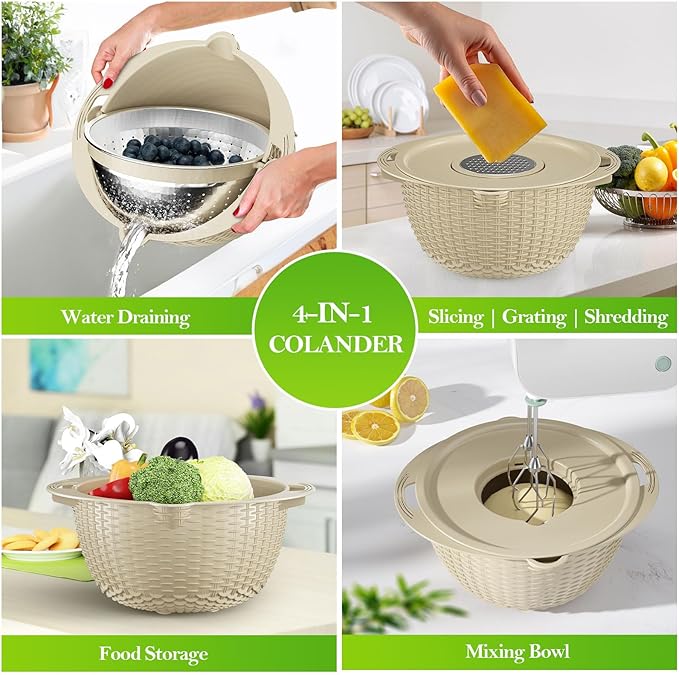 4-1 Colander with Bowl Set - Rotatable Strainers for Kitchen, Food Strainers and Colanders, Funny Presents for Women, Fruit Cleaner, Veggie Wash, Aesthetic Kitchen Gadget Essentials - Beige