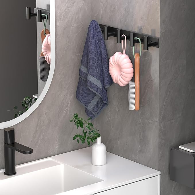 Wall Mounted Coat Rack-5 Hooks, Heavy Duty Stainless Steel Hook Rail for Towel Coat Hat Purse Bag Jacket, Towel Hooks for Entryway Bathroom Kitchen (Black 5 Hooks - 1 Pack)