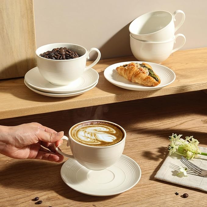 10 oz Cappuccino Cups with Saucers, Ceramic Espresso Coffee Cups Set of 4, White Latte Cup and Saucer, Elegant Tea Mugs Set, Microwave Dishwasher Safe Drinkware for Cafe, Housewarming Gift