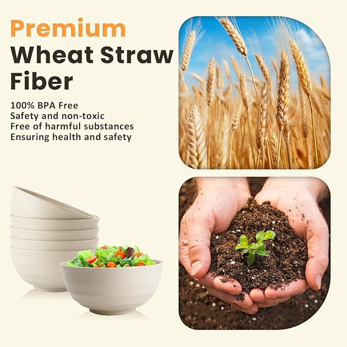 Homienly Unbreakable Large Salad Bowls Set of 6, 60oz Large Wheat Straw Bowls for Cereal, Salad & Pho, Ideal for RV & Camping, Microwave Safe Alternative to Plastic Bowls - Beige