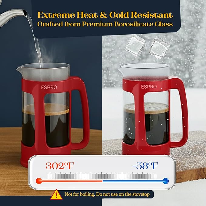 ESPRO P3 French Press Coffee Maker – Patented Double Micro-Filter for Grit-Free Brew, Heat Resistant thicker Borosilicate Glass Coffee press – Red (32oz)