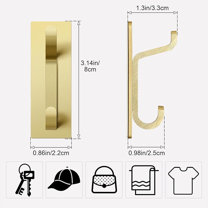 pickpiff 12 Pack Wall Hooks for Coat and Towel: 13LB Adhesive Door Hanger Stick on, Gold