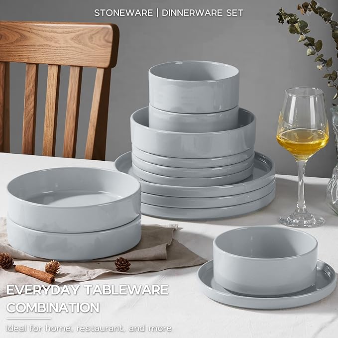 Dinner Plates and Bowls Sets, Onader 8 Pieces Stoneware Dinnerware Service for 2, Gray Ceramic Kitchen Dish Set, Speckled Dishware Dining Ware - Slate Gray