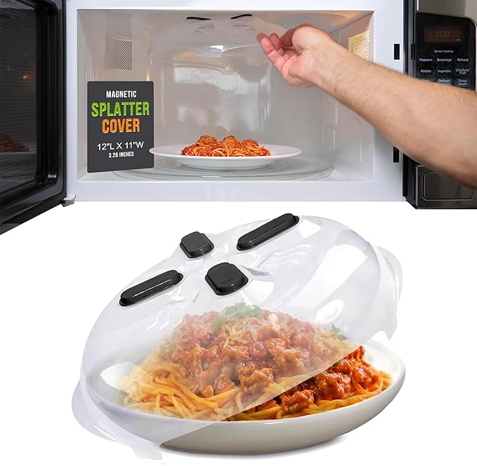 Magnetic Splatter Cover, 12-Inch Clear BPA-Free Food Lid, Vented Plate Guard with Steam Vents, Anti-Splash Microwave Lid, Dishwasher Safe, Space-Saving Magnetic Storage - Onyx Black