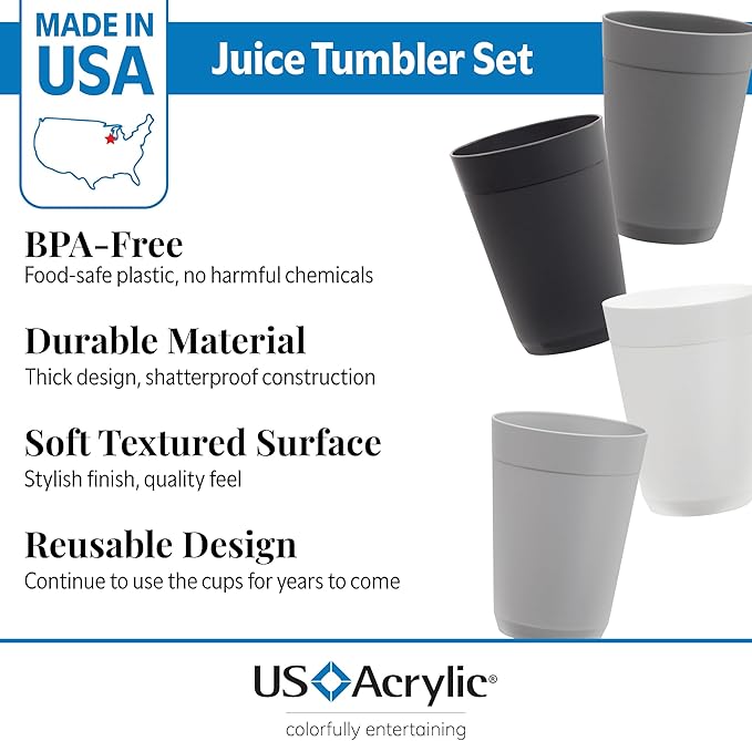US Acrylic Newport 10 ounce Unbreakable Plastic Stackable Juice Tumblers in Grey Stone | Set of 12 Drinking Cups | Reusable, BPA-free, Made in the USA, Top-rack Dishwasher and Microwave Safe
