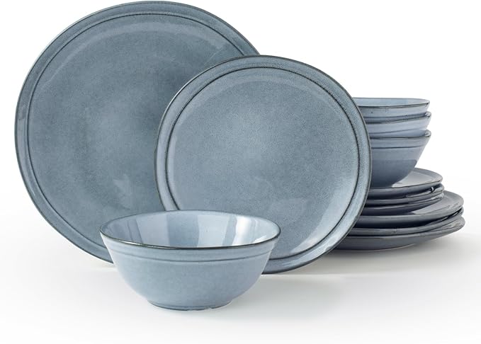 Famiware Aegean Stoneware Dinnerware Set for 4, Plates and Bowls Sets, 12-Piece Scratch-Resistant Dinner Plate Set, Handmade Irregular Round Dishes - Microwave and Dishwasher Safe, Blue Grey