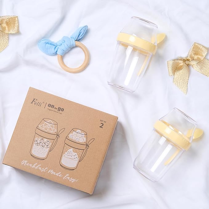 Felli On The Go Yogurt Parfait Snack Cup with Lid, Reusable Leak Proof Acrylic Travel Container for To Go Cereal Granola Milk, 12 oz Clear Mason Jar with Spoon & Crunch Fruit Holder (2, Yellow)