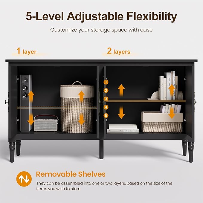 Console Cabinet, 58'' Mid Century Modern Pantry Sideboard, Wood Buffet Cabinet, Media Cabinet with 4 Doors, Accent Cabinet for Entryway, Living Room, Dining Room (Black)