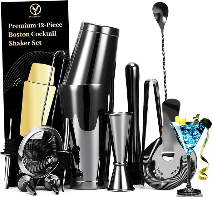 Black Cocktail Shaker Set 12-Piece - Stainless Steel Mixology Bartender Kit with 30oz+20oz Boston Shaker Tins, Japanese Jigger, Hawthorne Strainer and Bar Set for Home Bartending | Housewarming Gift