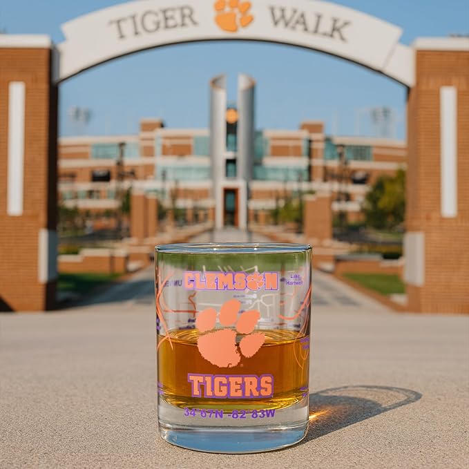 Greenline Goods – University of Clemson Tigers College Whiskey Glasses (Set of 2), 10 oz – Full-Color Logo + Campus Map