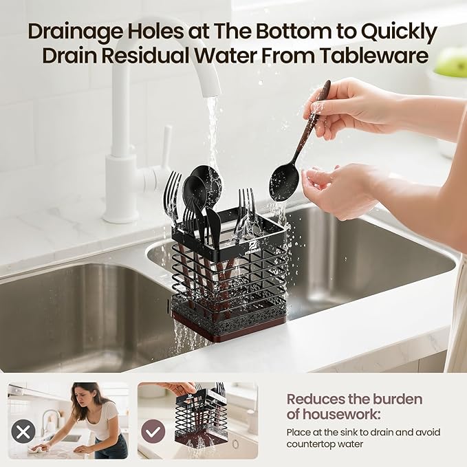 Extra Large Utensil Holder for Kitchen Counter, Matte Black Metal Cooking Utensil Caddy Organizer with Wooden Draining Base, Countertop Spatula Cutlery Storage with Silicone Dish Drying Mat