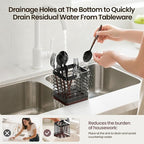 Extra Large Utensil Holder for Kitchen Counter, Matte Black Metal Cooking Utensil Caddy Organizer with Wooden Draining Base, Countertop Spatula Cutlery Storage with Silicone Dish Drying Mat