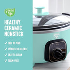GreenLife 3.5QT Slow Cooker, Non-Toxic PFAS-Free Ceramic Nonstick Removable Interior Bowl, Programmable, Keep Warm, Stovetop & Oven Safe, Dishwasher Safe Parts, Glass Lid, Turquoise