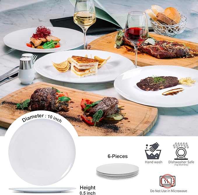 White Melamine Dinner Plates，6pcs Dishes Set，10inch Lightweight Round Plates，Scratch Resistant Unbreakable Serving Dishes，White