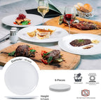 White Melamine Dinner Plates，6pcs Dishes Set，10inch Lightweight Round Plates，Scratch Resistant Unbreakable Serving Dishes，White