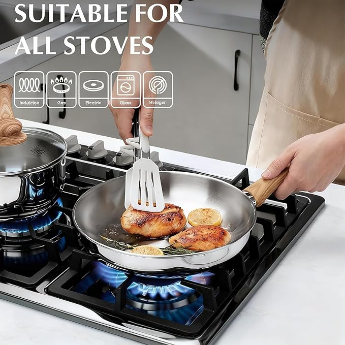 KOCH SYSTEME CS Stainless Steel Frying Pan Set of 3, 8"&10"&12" Stainless Steel Pans Set with Heat-resistant Bakelite Handle, Suitable for All Stove, Dishwasher Safe