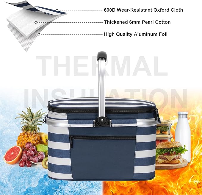 ALLCAMP Picnic Basket - Insulated Cooler, Thickening Foldable Picnic Basket with Removable Baskets & Sewn-in Frame, Basket for House Warming Gifts New Home(Blue and White)