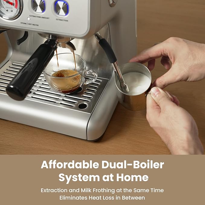Gevi Dual Boiler Espresso Machine with Built-in Grinder, 58mm Professional Portafilter, Barista Steam Wand, 31 Grind Settings, Commercial Grade Stainless Steel Housing for Home Café, Sterling Silver