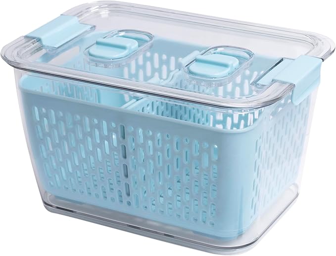 Kitchen Spaces Colander Bin, Produce Saver, Fridge Organizer With Lid, Wash, Strain and Store, Great for Refrigerator, Freezer and Pantry, Medium, Blue, Pack of 1