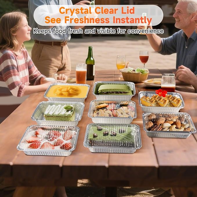 Aluminum Pans with Clear Lids - 50 Pack 2.25LB Capacity Disposable Pans with Plastic Dome Lids, 8.5”x6” Heavy Duty Tin Foil Pans for Cake Baking, Cooking, Heating, Storing, Prepping Food