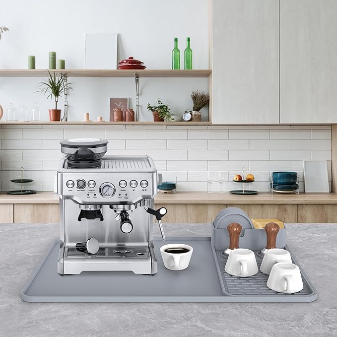 Silicone Coffee Mat with 6 Coasters,24"x16" Counter Bar Mat Fits Under Coffee Maker/Pot & Espresso Machine, Bar Aceessories,Detachable Drying Pad for Tamper,Sugar Packets,Cups & Countertop Protection