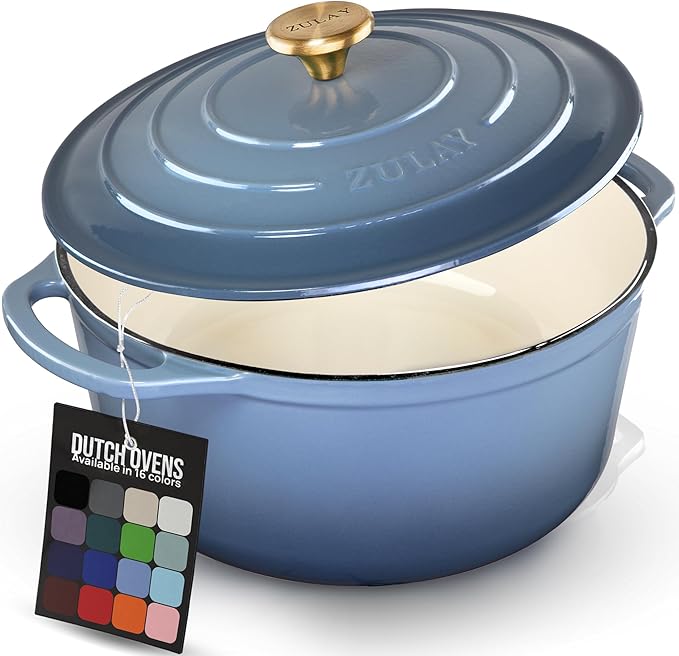 Zulay Kitchen 6 Quart Enameled Cast Iron Dutch Oven Pot with Lid – Premium Durability & Oven Safe up to 500°F – Heavy Duty Cookware Perfect for Bread Baking, Stews, Braising & Roasting - Aquamarine