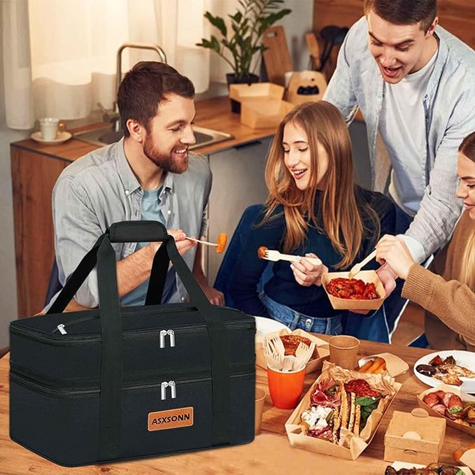 Double Decker Insulated Casserole Carrier for Hot or Cold Food, Expandable Insulated Food Carrier for Parties, Picnic, Beach, Fits 9"x13" Baking Dish (Black)