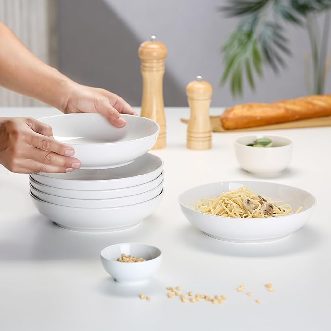 KooK Pasta Bowl, Set of 6, Salad Bowl, Large, Ceramic, Microwave and Dishwasher Safe, for Soups, Shallow Serving Bowls, 32 oz, (White)