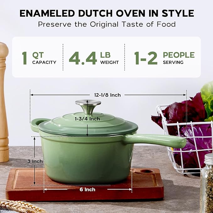 Onader 1QT Enameled Cast Iron Saucepan with Lid, Small Sauce Pan, Enamel Cast Iron Dutch Oven Cooking Kitchen Pot, Nonstick & Heavy Duty – Pistachio Green